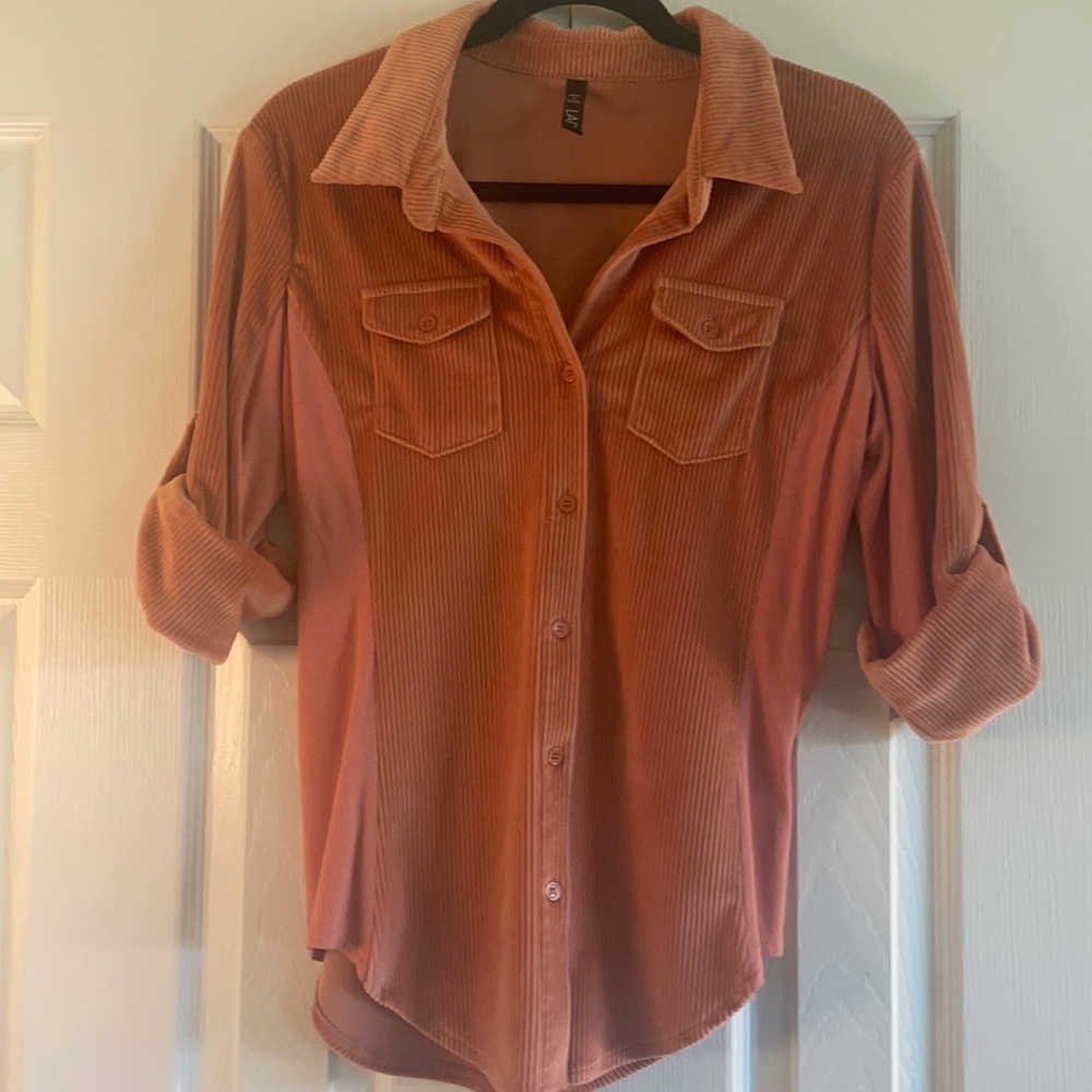 Corduroy, button-down, collared shirt
